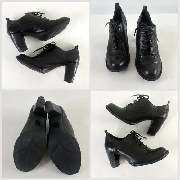 🦉Born Black Leather Oxford Lace Up Block Heel Pumps Sz 9.5 - Picture 5 of 10